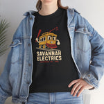 Savannah Electrics Heavyweight T-Shirt in black with the yellow cartoon trolley car mascot swinging a bat with sparks on the front, worn by model