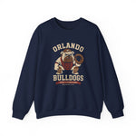 Orlando Bulldogs Crewneck Sweatshirt in navy with the crouching bulldog catcher in brown gear holding a mitt on the front