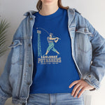 Carlsbad Potashers Heavyweight T-Shirt in royal with the Carlsbad Potashers logo, a miner in a hard hat and headlamp finishing his swing as the ball arcs over a ballpark light tower, with Potashers in block letters on the front, worn by model