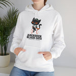 Aberdeen Black Cats Hoodie in white with the Aberdeen Black Cats logo, a black cat in a green cap and jersey sitting on a baseball holding a bat on the front, worn by model