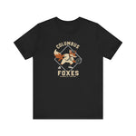 Columbus Foxes Premium Lightweight T-Shirt in black with the orange cartoon fox mascot fielding a glove on the front