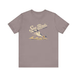 Jacksonville Beach Sea Birds Premium Lightweight T-Shirt in pebble brown with the diving shorebird skimming over waves in navy script lettering on the front
