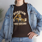 Hoquiam Perfect Gentlemen Heavyweight T-Shirt in dark chocolate with the Hoquiam Perfect Gentlemen logo, a mustached gentleman in a straw boater tipping his hat between two pennants on the front, worn by model