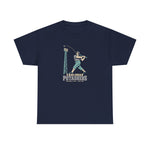 Carlsbad Potashers Heavyweight T-Shirt in navy with the Carlsbad Potashers logo, a miner in a hard hat and headlamp finishing his swing as the ball arcs over a ballpark light tower, with Potashers in block letters on the front