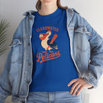 Clearwater Pelicans Heavyweight T-Shirt in royal with the navy and orange pelican holding a baseball in its beak and a bat on the front, worn by model