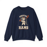 Anniston Rams Crewneck Sweatshirt in navy with the Anniston Rams logo, a cartoon ram ballplayer holding a foundry rammer beside a smoking smokestack on the front