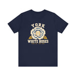 York White Roses Premium Lightweight T-Shirt in navy with the York White Roses logo, a cream and blue rose with a baseball at its center on the front