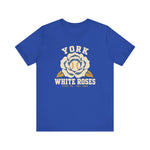 York White Roses Premium Lightweight T-Shirt in true royal with the York White Roses logo, a cream and blue rose with a baseball at its center on the front