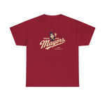 Jackson - Ionia Mayors Heavyweight T-Shirt in cardinal red with the top hatted mayor character in a navy suit tossing a baseball on the front