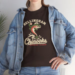 Bellingham Chinooks Heavyweight T-Shirt in dark chocolate with the Bellingham Chinooks logo, a leaping chinook salmon in a ball cap above splashing water and script lettering on the front, worn by model