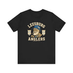 Leesburg Anglers Premium Lightweight T-Shirt in black with the bearded angler portrait in a blue cap between pennant banners on the front