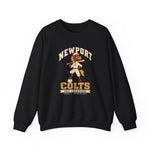 Newport Colts Crewneck Sweatshirt in black with the Newport Colts logo, a colt in an old-time baseball uniform with a bat on his shoulder and a hoof on a ball, over 1897 Champions on the front