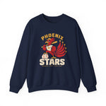 Phoenix Stars Crewneck Sweatshirt in navy with the Phoenix Stars logo, a red phoenix bird holding a bat, ringed by stars on the front