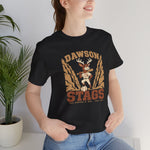 Dawson Stags Premium Lightweight T-Shirt in black with the Dawson Stags logo, a stag ballplayer with a bat on his shoulder between canyon walls, with Stags in brown block letters on the front, worn by model