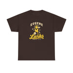 Eugene Larks Heavyweight T-Shirt in dark chocolate with the Eugene Larks logo, a cartoon meadowlark with a bat and a baseball on the front