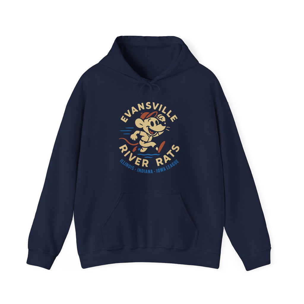Navy blue hoodie featuring vintage Evansville River Rats baseball team logo with front pocket and drawcord hood