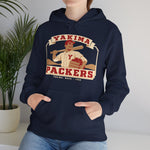 Yakima Packers Hoodie in navy with the Yakima Packers logo, a ballplayer holding a bat and a crate of apples on the front, worn by model