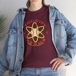Tri-City Atoms Heavyweight T-Shirt in maroon with the Tri-City Atoms logo, a baseball at the center of a yellow atom with orbiting electrons on the front, worn by model