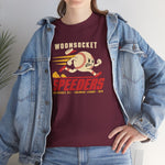Woonsocket Speeders Heavyweight T-Shirt in maroon with the Woonsocket Speeders logo, a running baseball character with speed lines and its cap flying off, over Speeders in bold red italic letters on the front, worn by model