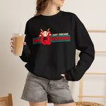 East Chicago Conquistadors Crewneck Sweatshirt in black with the East Chicago Conquistadors logo, a feathered baseball crest over striped lettering on the front, worn by model