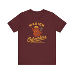 Marion Oilworkers Premium Lightweight T-Shirt in maroon with the angry orange oil can character holding a wrench on the front