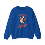 Clearwater Pelicans Crewneck Sweatshirt in royal with the laughing pelican in a red cap swinging a bat with a ball in its beak on the front