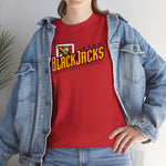 Reno BlackJacks Heavyweight T-Shirt in red with the Reno BlackJacks logo, a Jack of Spades holding a bat above slanted BlackJacks lettering on the front, worn by model