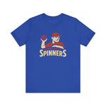 Blue Greenville Spinners baseball t-shirt with vintage player graphic, premium lightweight Bella+Canvas fabric.