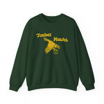 Bend Timber Hawks Crewneck Sweatshirt in forest green with the Bend Timber Hawks logo, a diving gold hawk clutching a baseball on the front