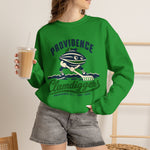 Providence Clamdiggers Crewneck Sweatshirt in irish green with the Providence Clamdiggers logo, a quahog clam character in a green cap raking a Narragansett Bay mudflat, with Clamdiggers in green script on the front, worn by model