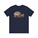 Clovis Pioneers Premium Lightweight T-Shirt in navy with the Clovis Pioneers logo, a ballplayer with a raised bat riding a horse-drawn covered wagon, with Pioneers on the canvas on the front