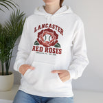 Lancaster Red Roses Hoodie in white with the Lancaster Red Roses logo, a red rose with a baseball at its center on the front, worn by model