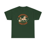 Woonsocket Trotters Heavyweight T-Shirt in forest green with the Woonsocket Trotters logo, a harness racing driver in a baseball cap behind a trotting horse, the sulky wheel drawn as a baseball on the front