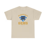 Klamath Falls Gems Heavyweight T-Shirt in sand with the Klamath Falls Gems logo, a blue diamond gem with baseball stitching on the front