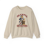 Olympia Senators Crewneck Sweatshirt in sand with the Olympia Senators logo, a bearded senator in a frock coat at a podium with a bat on the front