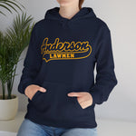 Anderson Lawmen Hoodie in navy with the Anderson Lawmen logo, gold script lettering with a tail swoosh on the front, worn by model