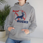 Bend Bucks Hoodie in sport grey with the Bend Bucks logo, a leaping buck over a red-stitched baseball on the front, worn by model