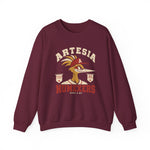 Artesia Numexers Crewneck Sweatshirt in maroon with the Artesia Numexers logo, a roadrunner in a red A cap between Longhorn League and 1954 Champions banners, with Numexers in red block letters on the front