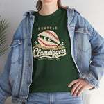 Seattle Clamdiggers Heavyweight T-Shirt in forest green with the Seattle Clamdiggers logo, a clam shell made from a baseball half-buried in a tide flat on the front, worn by model