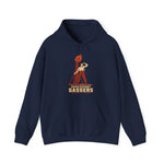 Shreveport Gassers Hoodie in navy with the red cartoon gas station attendant lighting a tall torch lamp on the front