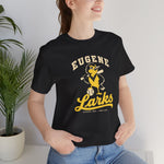 Eugene Larks Premium Lightweight T-Shirt in black with the Eugene Larks logo, a cartoon meadowlark with a bat and a baseball on the front, worn by model