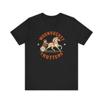 Woonsocket Trotters Premium Lightweight T-Shirt in black with the Woonsocket Trotters logo, a harness racing driver in a baseball cap behind a trotting horse, the sulky wheel drawn as a baseball on the front