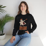 Bisbee-Douglas Copper Kings Crewneck Sweatshirt in black with the Bisbee-Douglas Copper Kings logo, a bearded king in a crown and cape swinging a bat on the front, worn by model
