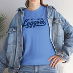 Grays Harbor Loggers Heavyweight T-Shirt in carolina blue with the Grays Harbor Loggers logo, script lettering with a tail swash on the front, worn by model