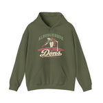 Albuquerque Dons Hoodie in military green with the Albuquerque Dons logo, a caped ballplayer bowing with his hat swept off in front of pink mountains, with Dons in cream script on the front