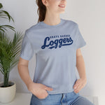 Grays Harbor Loggers Premium Lightweight T-Shirt in light blue with the Grays Harbor Loggers logo, script lettering with a tail swash on the front, worn by model