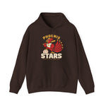 Phoenix Stars Hoodie in dark chocolate with the Phoenix Stars logo, a red phoenix bird holding a bat, ringed by stars on the front