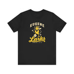 Eugene Larks Premium Lightweight T-Shirt in black with the Eugene Larks logo, a cartoon meadowlark with a bat and a baseball on the front