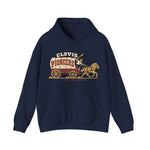 Clovis Pioneers Hoodie in navy with the Clovis Pioneers logo, a ballplayer with a raised bat riding a horse-drawn covered wagon, with Pioneers on the canvas on the front