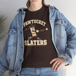 Pawtucket Slaters Heavyweight T-Shirt in dark chocolate with the Pawtucket Slaters logo, a cotton mill bobbin character in a ball cap swinging a bat, with a loose thread trailing behind on the front, worn by model